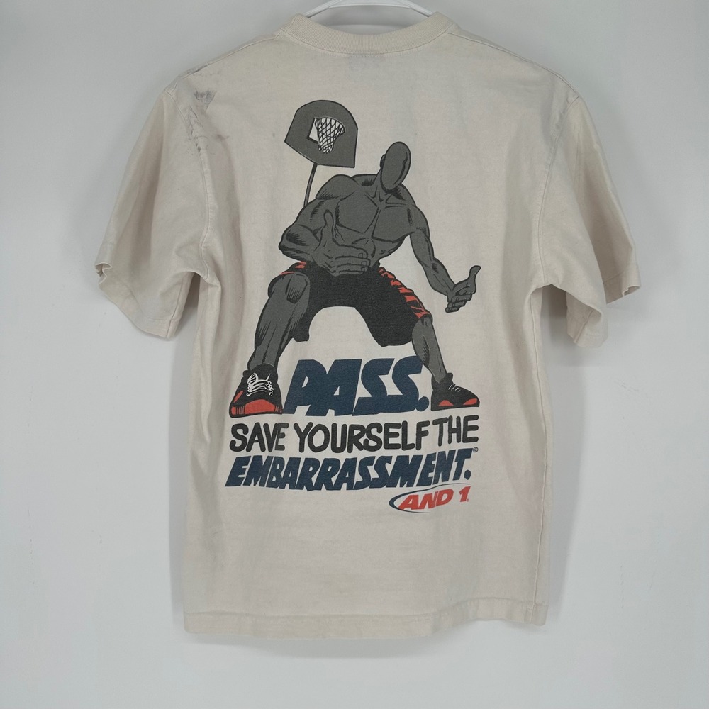 Vintage 90s AND1 Basketball Graphic T-Shirt Kids Large 14/16 Cream Streetball